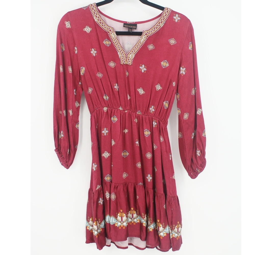 Shyanne Womens XS Burgundy Southwestern Print Smocked‎ Waist Ruffle Mini Dress